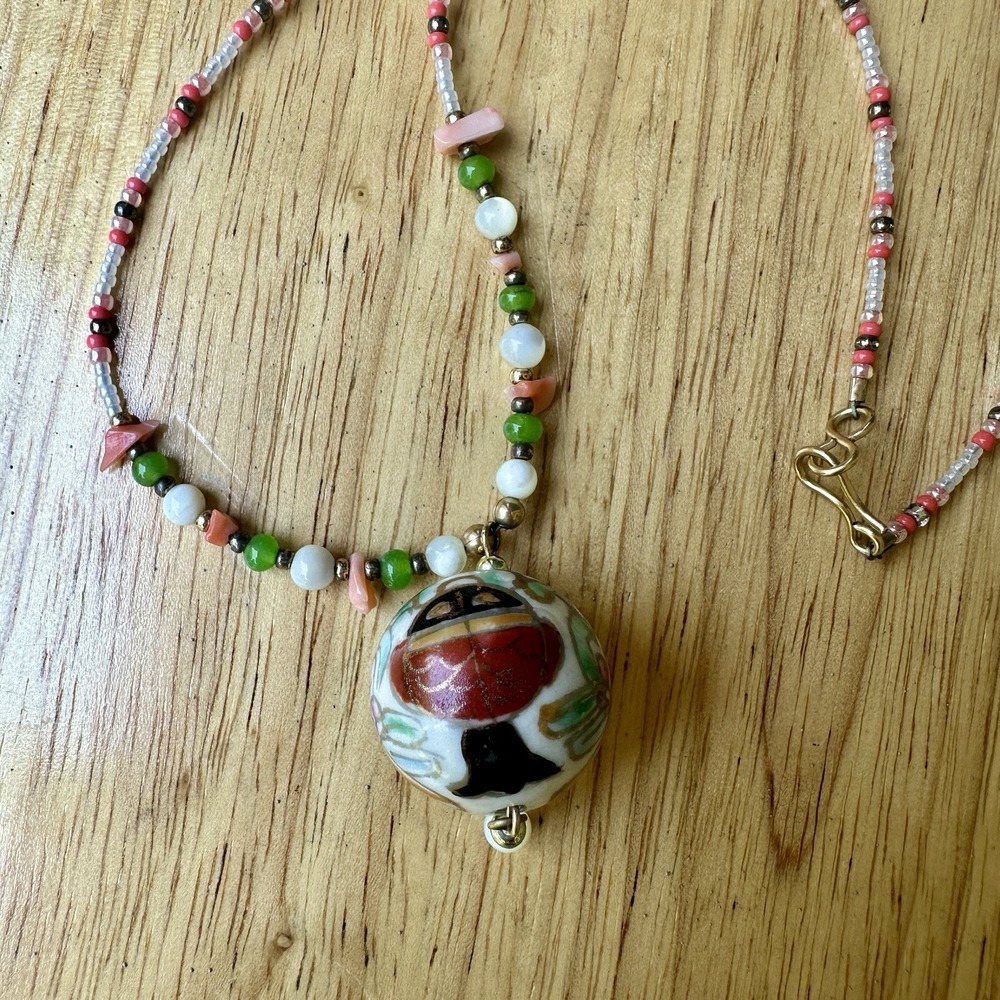 Vintage Pendant Necklace 16 Inch‎ Cloisonne Porcelain Glass Shell Beads Multi - Picture 2 of 8